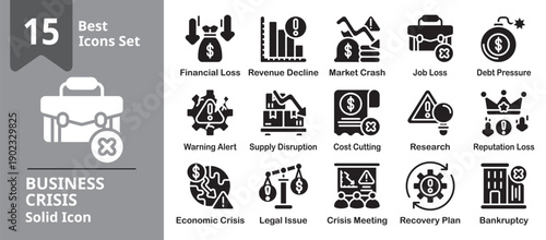 Business Crisis Icon set. Including business, crisis, risk, problem, failure, loss and more. Solid vector icons collection. Vector Illustration.