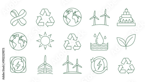 Green Icons of Sustainability: A visual collection of eco-friendly symbols, representing environmental consciousness, conservation, and the power of renewable energy. 