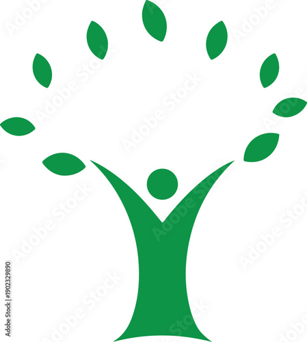 A green human figure with outstretched arms and leaves for hair, symbolizing growth and harmony with nature. Vector, illustration