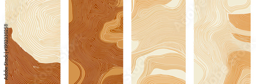 Abstract topographic map inspired vector illustrations set with wavy contour lines in beige and caramel color palette minimalist flat design patterns for backgrounds and posters