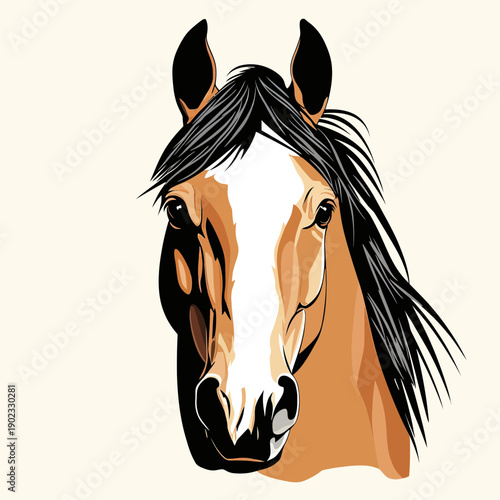 Detailed vector illustration of a horse head with white blaze and flowing black mane facing forward on light background in flat minimalist style for equestrian and animal design