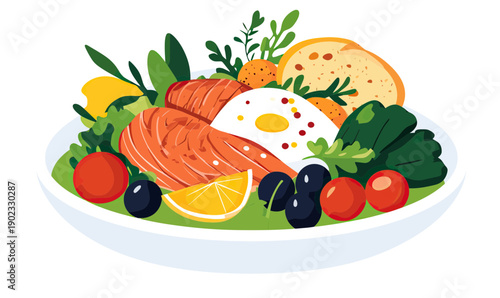 Balanced healthy meal plate with grilled salmon, fried egg, fresh vegetables, olives, lemon wedge, herbs, and bread in flat minimalist vector style