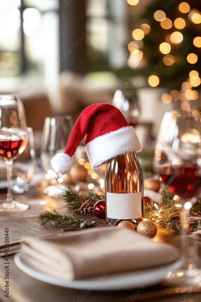Obraz premium Festive christmas dinner table with santa hat and holiday decorations in a cozy setting