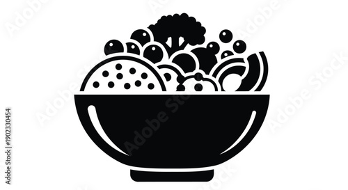 Black and white illustration of a bowl filled with various fruits and vegetables
