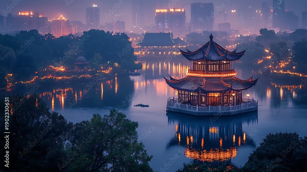 Obraz premium Traditional Chinese pavilion illuminated at night on a calm lake with city skyline reflections