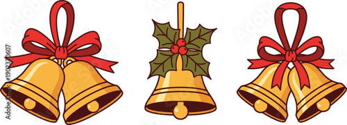 Christmas Bell Illustration Set with Red Ribbon Bow and Holly Leaves Festive Holiday Decoration Isolated