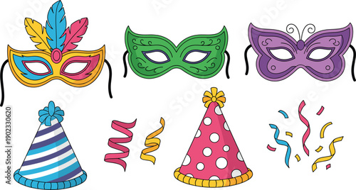 Carnival Party Illustration Set with Colorful Masks Hats and Confetti Isolated on White Background