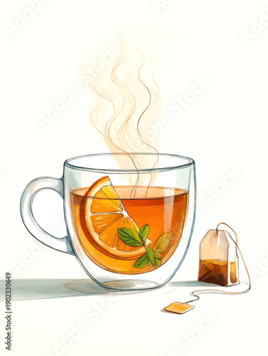 A steaming cup of herbal tea with a tea bag and a teabag sachet on a saucer