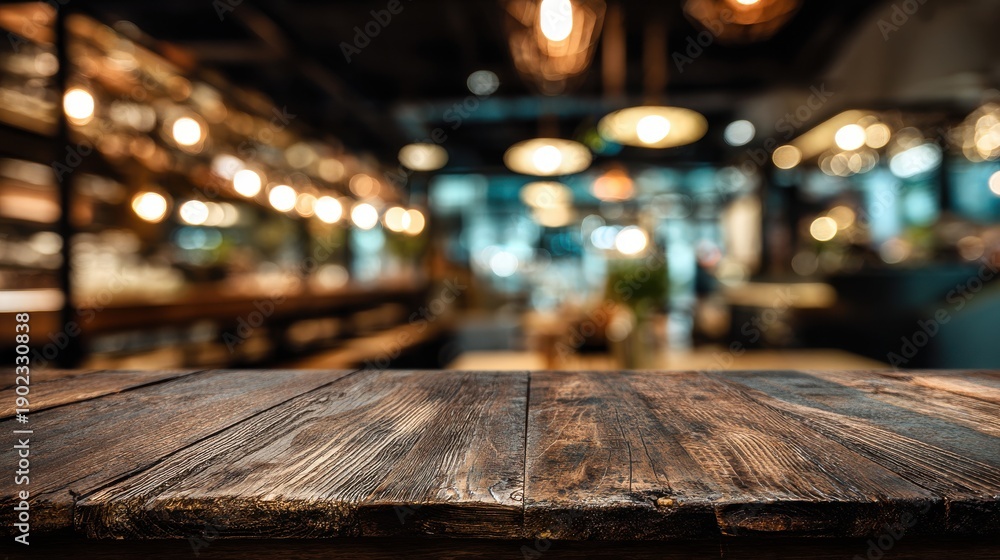 Fototapeta premium Empty wooden table top with blurred cafe or restaurant interior background