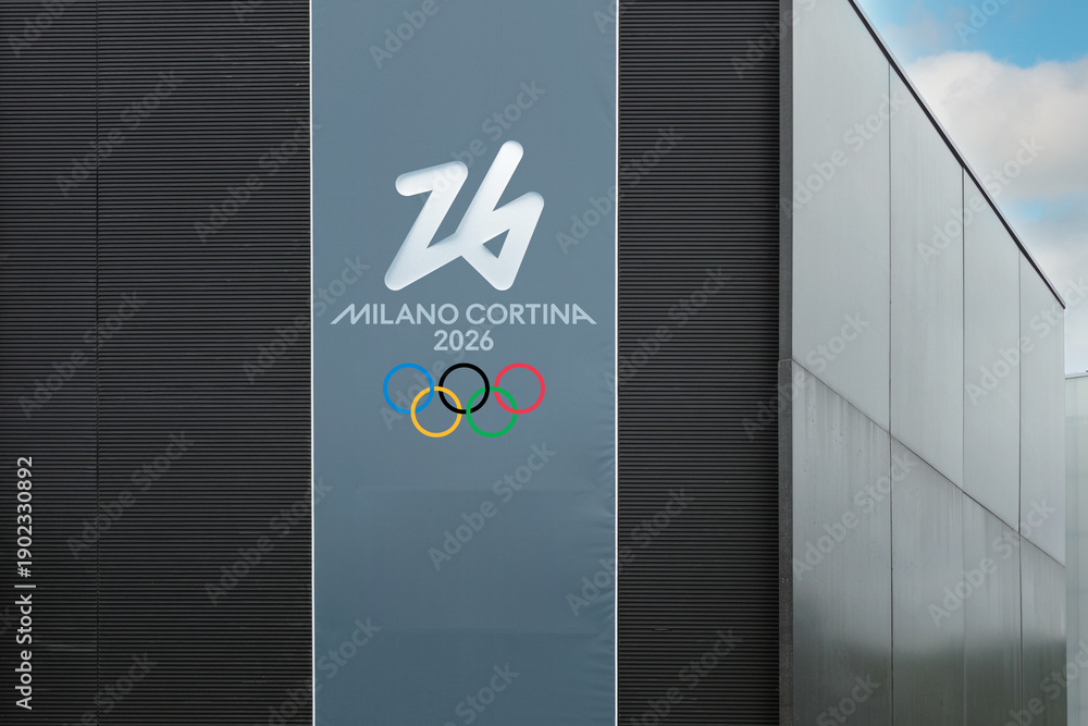 Fototapeta premium Guilherand-Granges, France - February 05, 2026. Milano Cortina 2026 is the XXV Olympic Winter Games held in Milan and Cortina d'Ampezzo, Italy, featuring winter sports competitions.