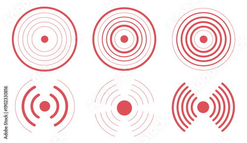 Red Concentric Ripple Circles Set Featuring Sonar and Sound Wave Rings, Epicenter, Target, and Radar Concepts, Radial Signal and Vibration Elements with Halftone
