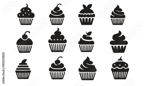 Collection of twelve stylized icons representing different types of cupcakes on white background