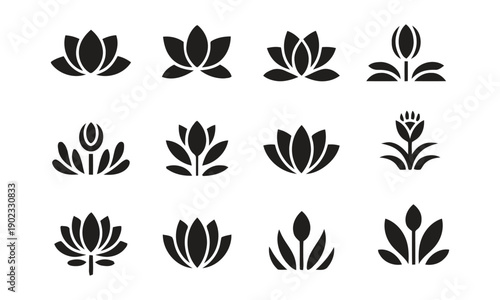 Collection of twelve stylized lotus flower icons in black and white