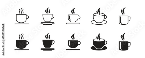 Collection of various coffee cups with steam and saucers in outline and solid fill styles
