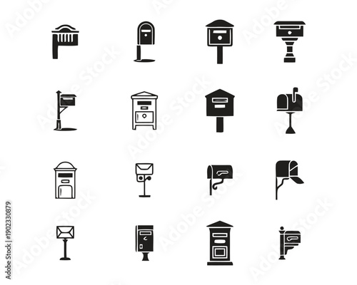 Collection of various postal boxes and mailboxes icons representing mail delivery and communication services