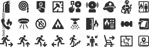 Fire safety and emergency icons for evacuation and prevention, including fire alarms, extinguishers, and escape routes