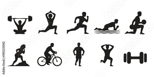 Fitness and exercise icons representing healthy lifestyle activities and sports in flat silhouette style