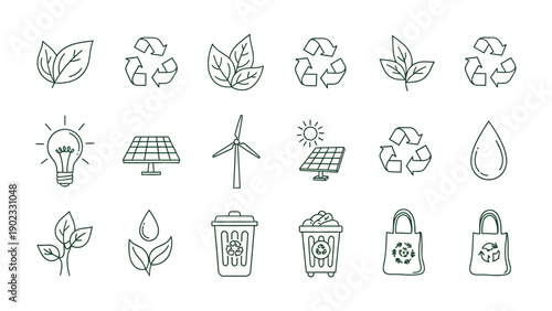 Sustainable Icon Collection: An array of eco-friendly symbols, encompassing recycling, renewable energy sources, and natural elements, artfully illustrates the essence of sustainability. 