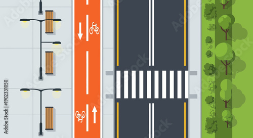 Urban Street Infrastructure Top View Bicycle Lane and Crosswalk