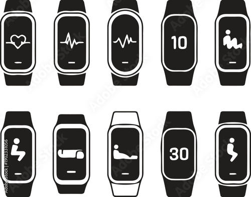 Fitness tracker smart watch displaying heart rate exercise modes and step count on screen