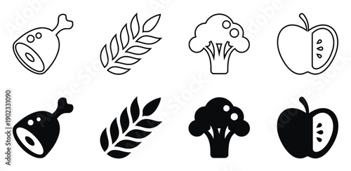 Food icons including meat, grain, vegetable, and fruit