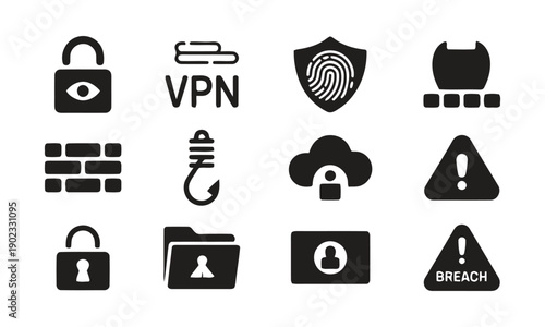 Cybersecurity icons for digital protection and network security concepts