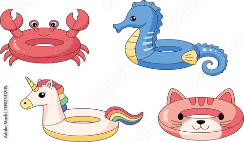 Cute Animal Pool Float Set with Crab Seahorse Unicorn and Cat Inflatable Illustration Isolated