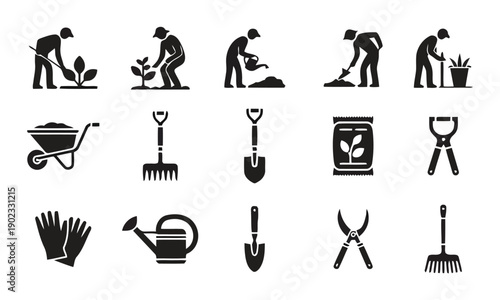 Gardening icons vector set flat style with gardeners and tools for planting and watering plants