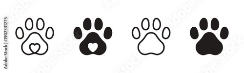 Diverse paw print icons with heart shapes, celebrating animal affection and pet companionship