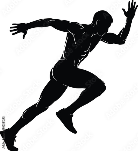 Sprinter runner silhouette sprinting forward, athletic speed power motion illustration, fitness training concept isolated on white background studio design art