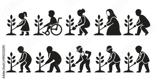 Diverse group of people planting trees, symbolizing unity and environmentalism