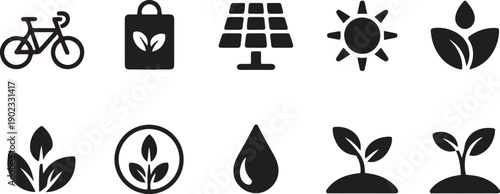 Eco friendly symbols including bicycle shopping bag solar panel sun and growing plants