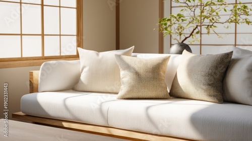 Wallpaper Mural cozy sofa with linen pillows, neutral colors, soft sunlight, modern japanese interior, soft Torontodigital.ca