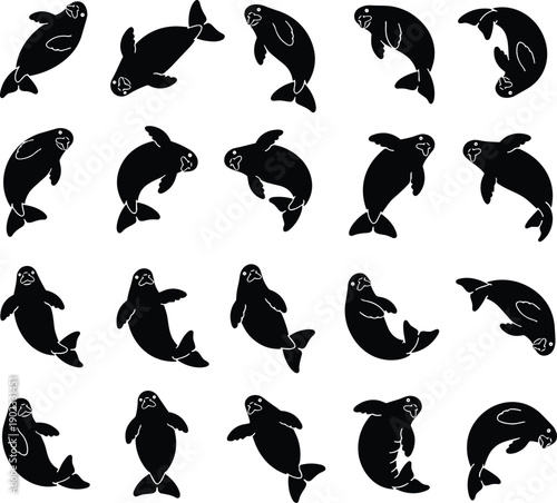 Manatee sea mammal silhouettes set showing swimming, floating, and gentle movement poses isolated on gray background for marine wildlife illustration design