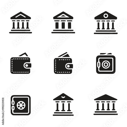 Group of nine financial icons including bank buildings, wallets, and safes
