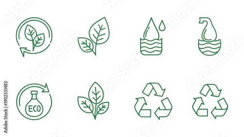 Eco-Consciousness Graphics: A collection of sleek, minimalist graphic icons that symbolize environmental protection and sustainable practices, emphasizing recycling, nature and conservation. 