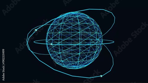 A 3D wireframe globe with orbiting paths viewed from a futuristic perspective