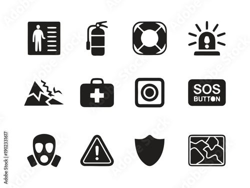 Emergency and safety icons including gas mask first aid kit SOS button and alert siren