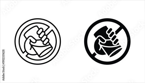 Hand holding beverage container prohibition sign vector icons for public area safety and rules