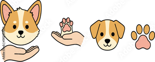 Cute Cartoon Dog Face and Paw Icons Set with Hand Holding Puppy Illustration Isolated on White Background