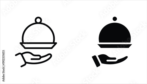 Hand holding food cloche outline and solid icon set