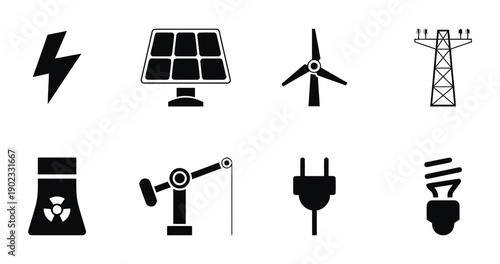 Energy icons including lightning bolt solar panel wind turbine power line nuclear plant