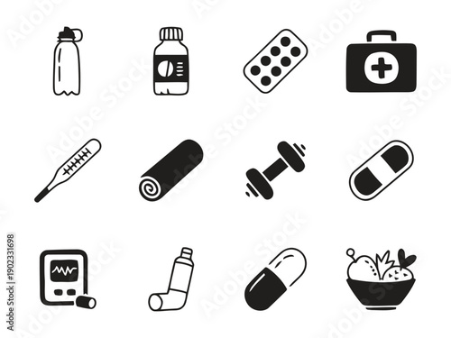 Health and fitness icons including water bottle, pills, dumbbell and fruit bowl