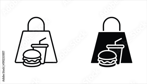Fast food takeaway bag with burger and drink icon set