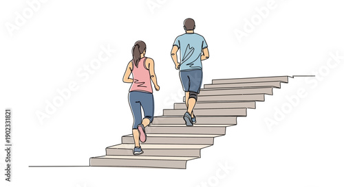 Couple Running Up Stairs Continuous Line Art Fitness Illustration