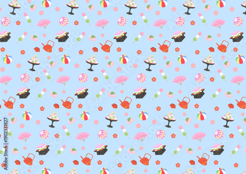 ひな祭りモチーフのシームレスパターン素材（青）