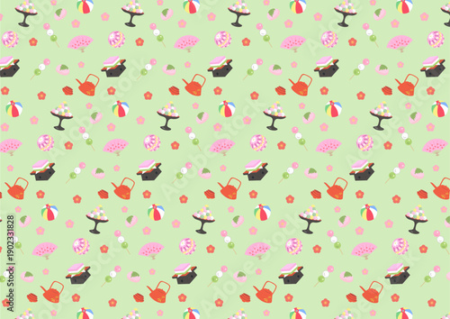 ひな祭りモチーフのシームレスパターン素材（緑）