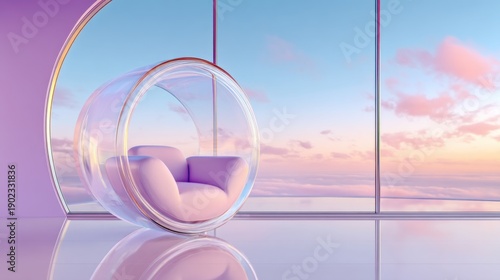 Wallpaper Mural Futuristic minimalist room with a transparent inflatable sofa on a highly reflective mirror floor. Large circular window with a view of a violet sunset Torontodigital.ca