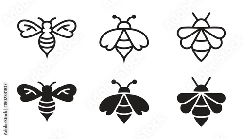 Honey bee vector icon set in outline and silhouette styles for organic farming and natural product branding