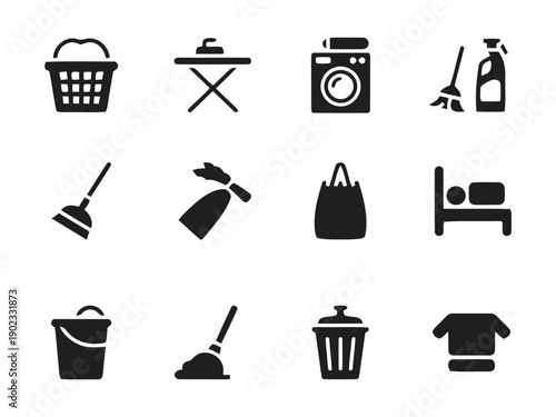 Household cleaning supplies and equipment icons, laundry and tidying tools